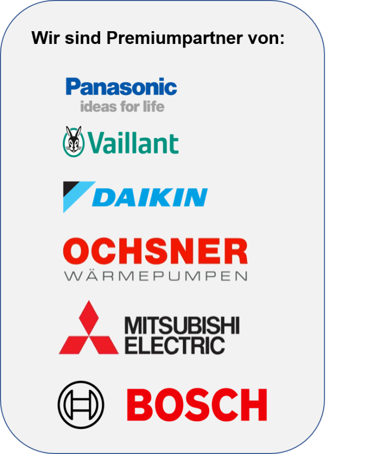 Markenhersteller aus unserem Portfolio Logos von Premiumpartnern: Panasonic, Vaillant, Daikin, Öchsner, Mitsubishi Electric, Bosch.